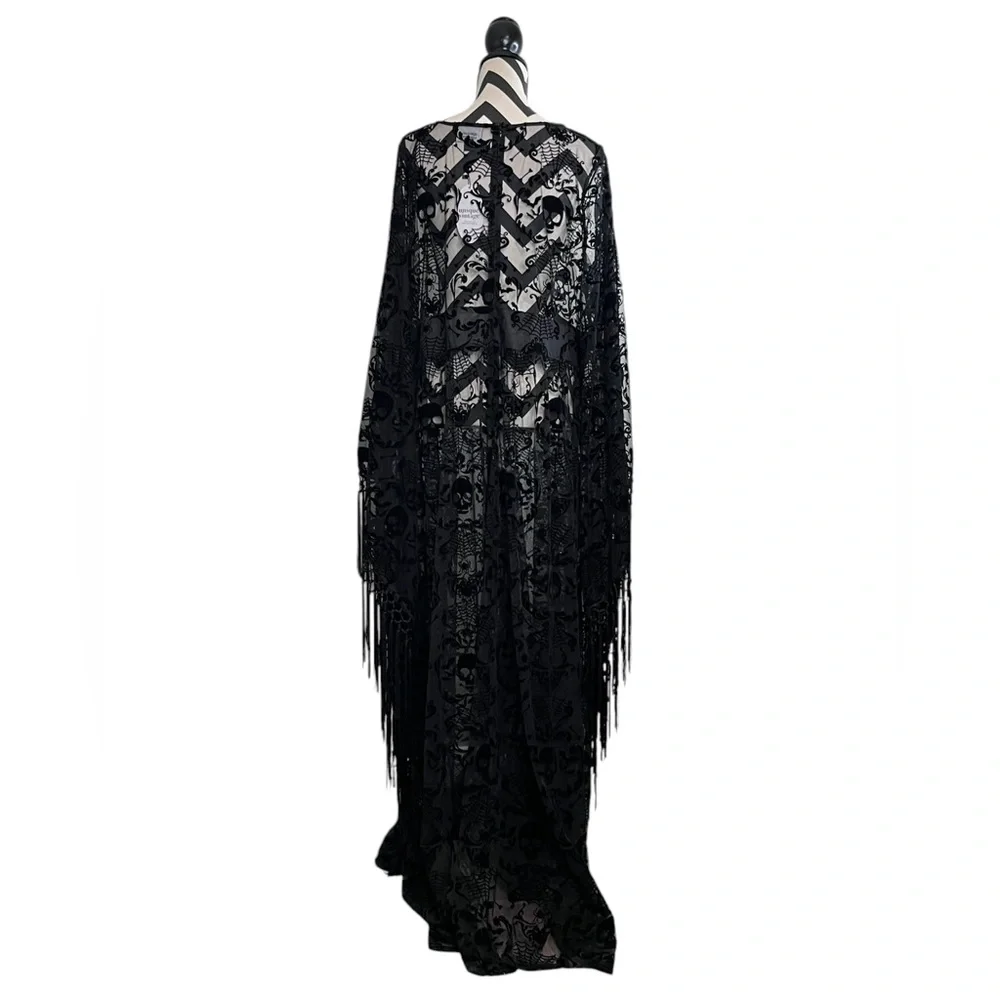 NWT Unique Vintage Sz 2X Whimsigoth Skull Bat Burnout Fringe Sheer Caftan Dress - Picture 2 of 11